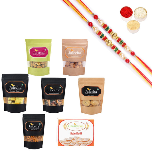 Ghasitaram Best of 7 Sweets and Snacks Combo with Pearl Beads Rakhi 