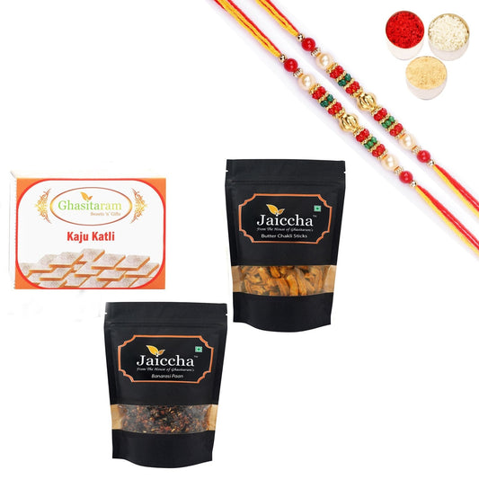 Ghasitaram Kaju Katlis,Butter Chakli Sticks and Banarsi Paan With Pearl Beads Rakhi 