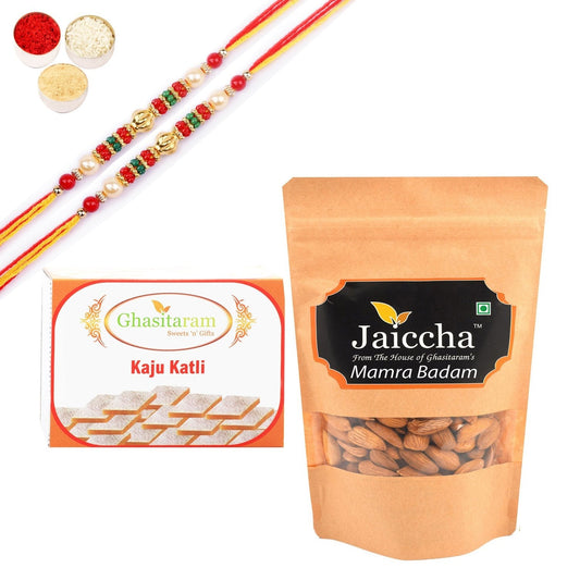 Ghasitaram Kaju Katlis,and Mamra Almonds With Pearl Beads Rakhi 