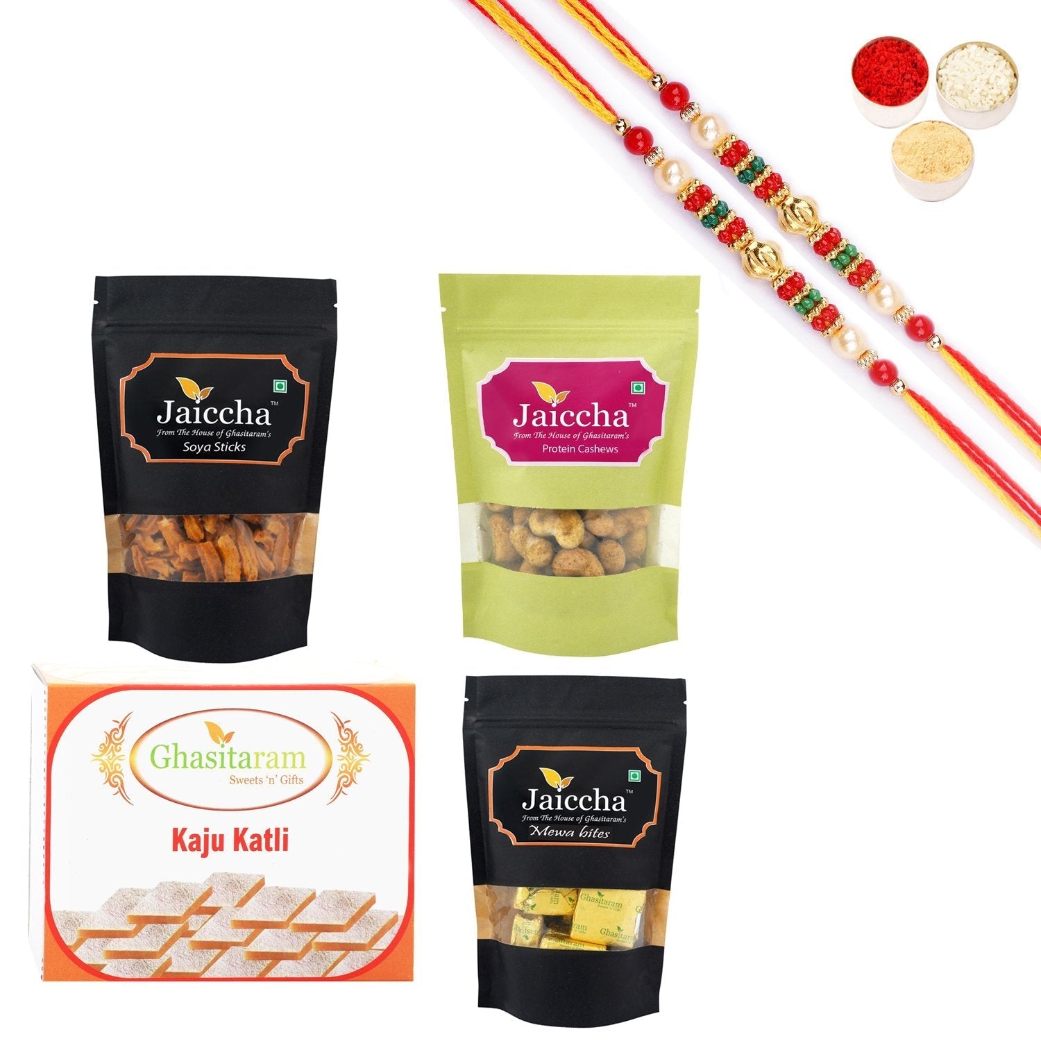 Ghasitaram Kaju Katli,Mewa Bites Pouch,Soya Sticks Pouch and Protein Cashews Pouch With Pearl Beads Rakhi 