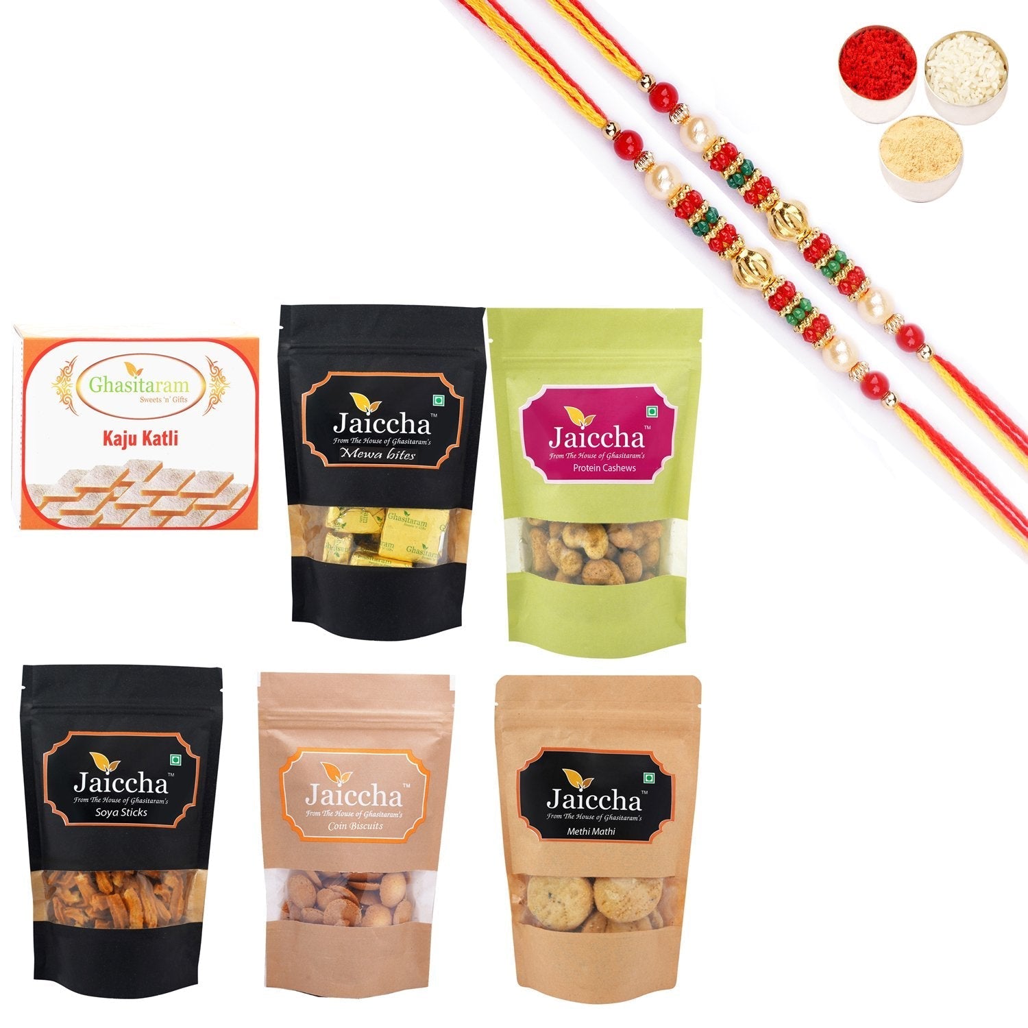 Ghasitaram Best of 6 Sweets and Snacks Combo with Pearl Beads Rakhi 