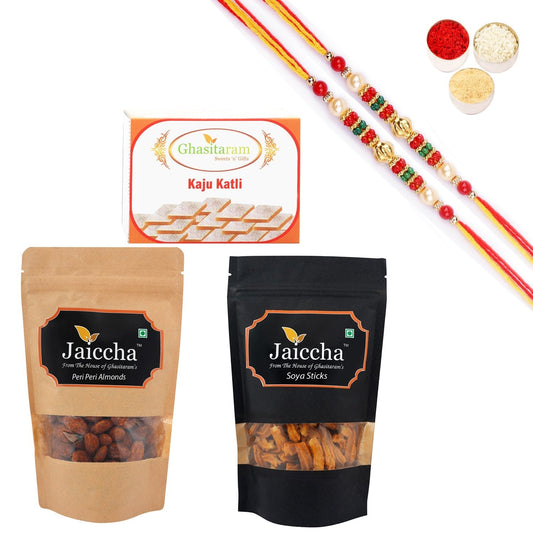 Ghasitaram Kaju Katli,Soya Sticks Pouch and Peri Peri Almonds Pouch With Pearl Beads Rakhi 