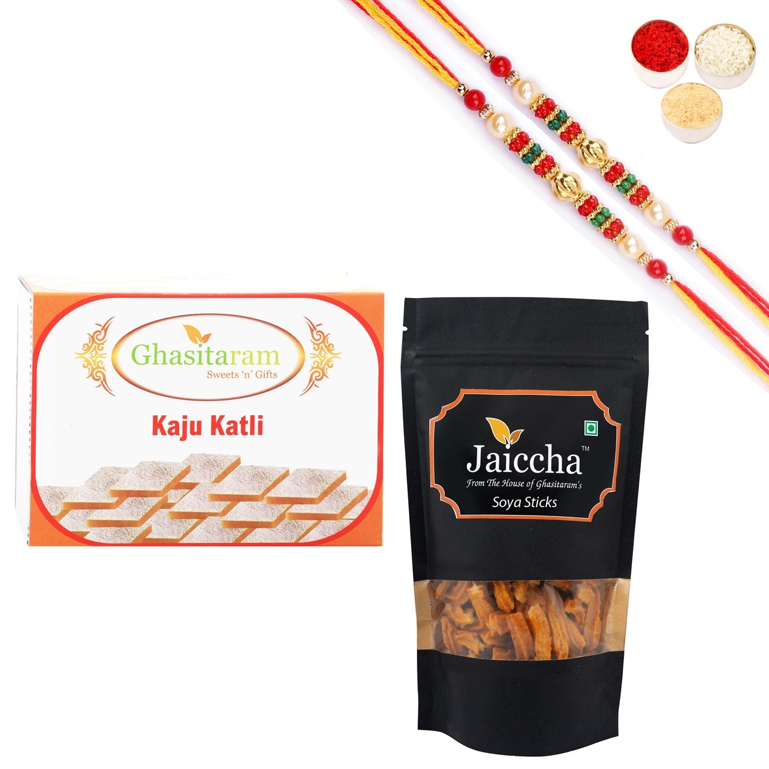 Ghasitaram Kaju Katli and Soya Sticks Pouch With Pearl Beads Rakhi 