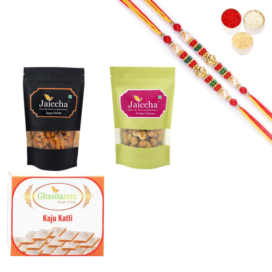 Ghasitaram Kaju Katli,Soya Sticks Pouch and Protein Cashews Pouch With Pearl Beads Rakhi 