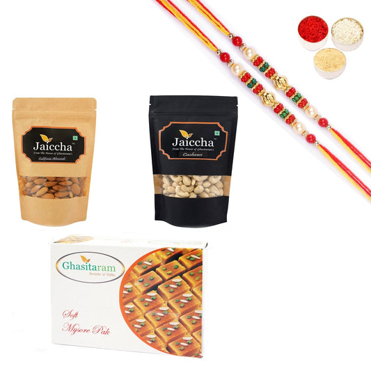 Ghasitaram Almonds,Cashews and Mysore Pak With Pearl Beads Rakhi 