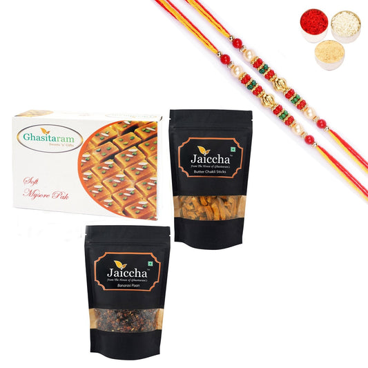 Ghasitaram Mysore Pak,Butter Chakli Sticks and Banarsi Paan With Pearl Beads Rakhi 