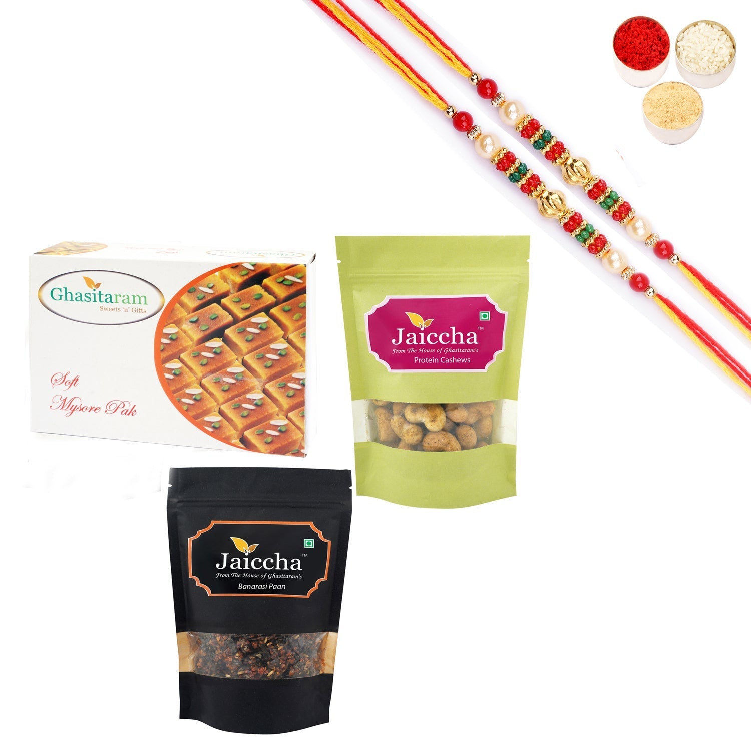 Ghasitaram Mysore Pak,Protein Cashews and Banarsi Paan With Pearl Beads Rakhi 