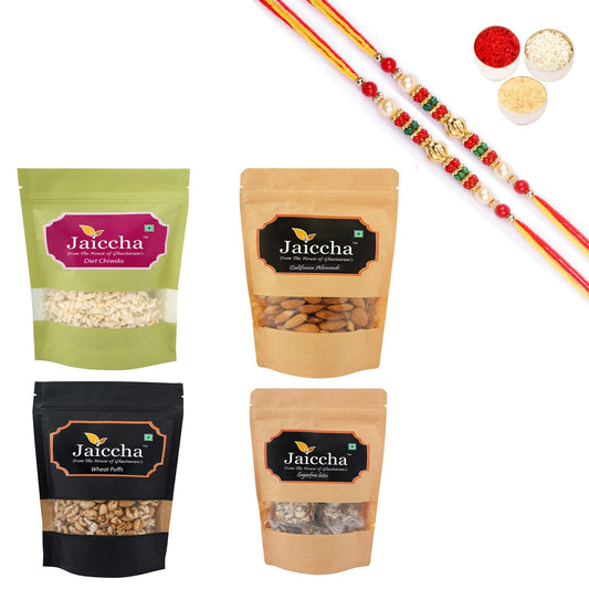 Ghasitaram Healthy Hamper Sugarfree Anjeer Bites; Wheat puffs,Diet Chiwda and Almonds With Pearl Beads Rakhi 