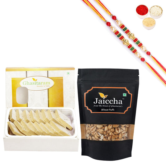 Ghasitaram Sugarfree Kaju Katli and Wheat Puffs With Pearl Beads Rakhi - Grab2buy