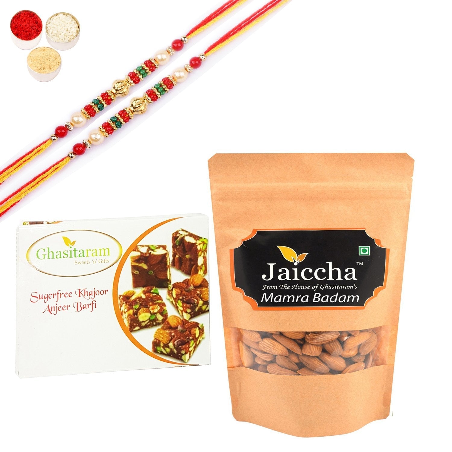 Ghasitaram Sugarfree Figs and Dates Bites,and Mamra Almonds With Pearl Beads Rakhi 