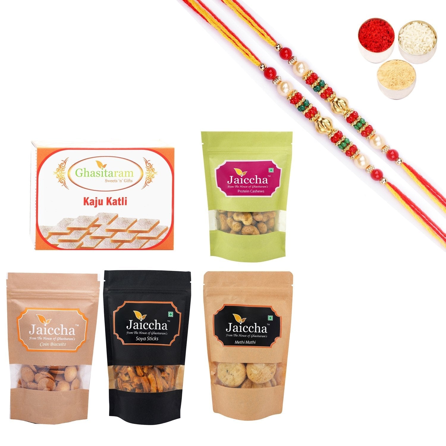 Ghasitaram Best of 5 Sweets and Snacks Combo with Pearl Beads Rakhi 