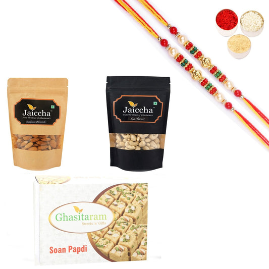 Ghasitaram Almonds,Cashews and Soan Papdi With Pearl Beads Rakhi 