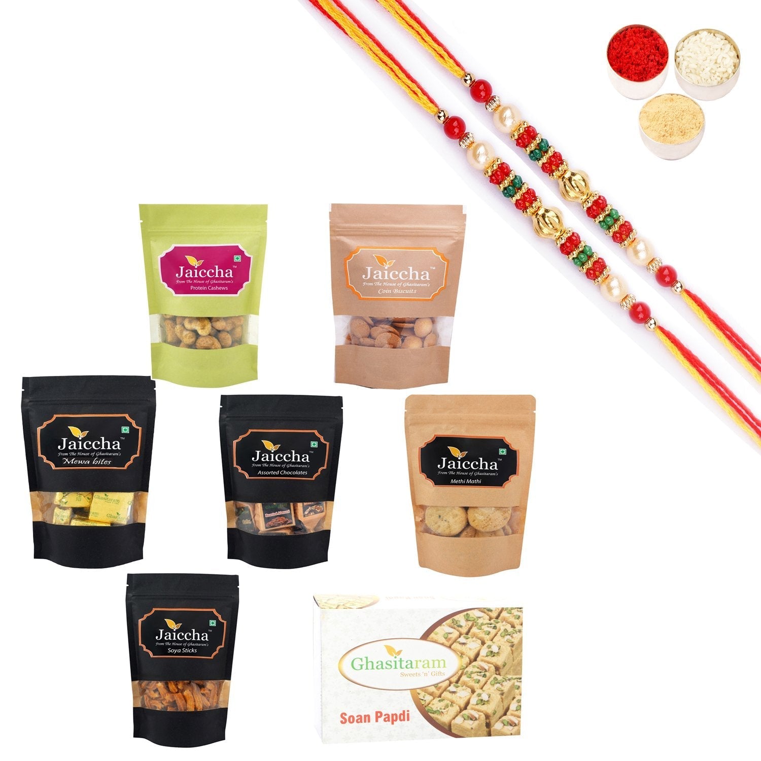 Ghasitaram Best of 7 Sweets and Snacks with Pearl Beads Rakhi Combo 