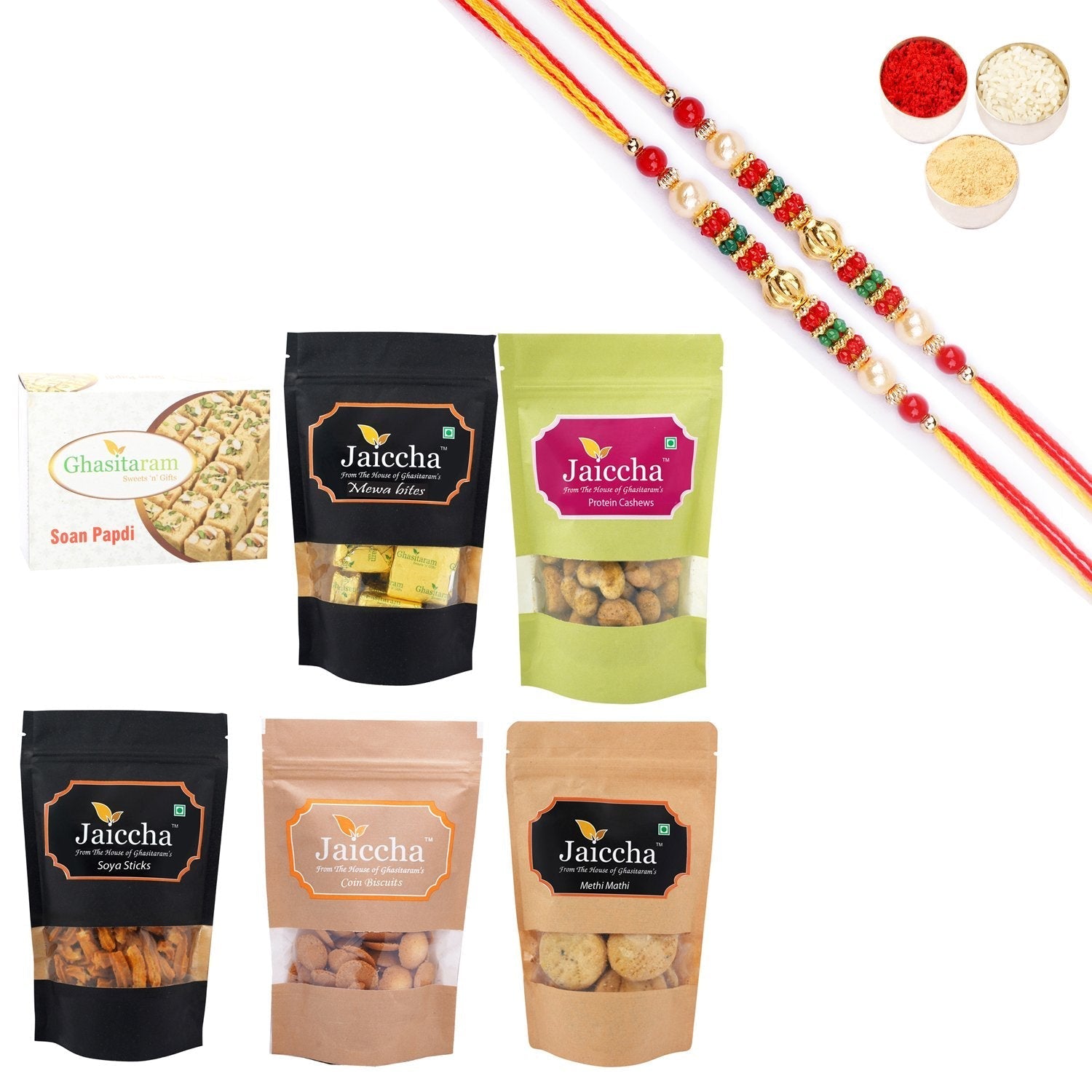 Ghasitaram Best of 6 Sweets and Snacks with Pearl Beads Rakhi Combo 