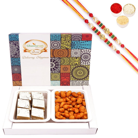 Ghasitaram Festive Box of Kaju Katli and Crunchy Cashews With 2 Pearl Beads Rakhis 