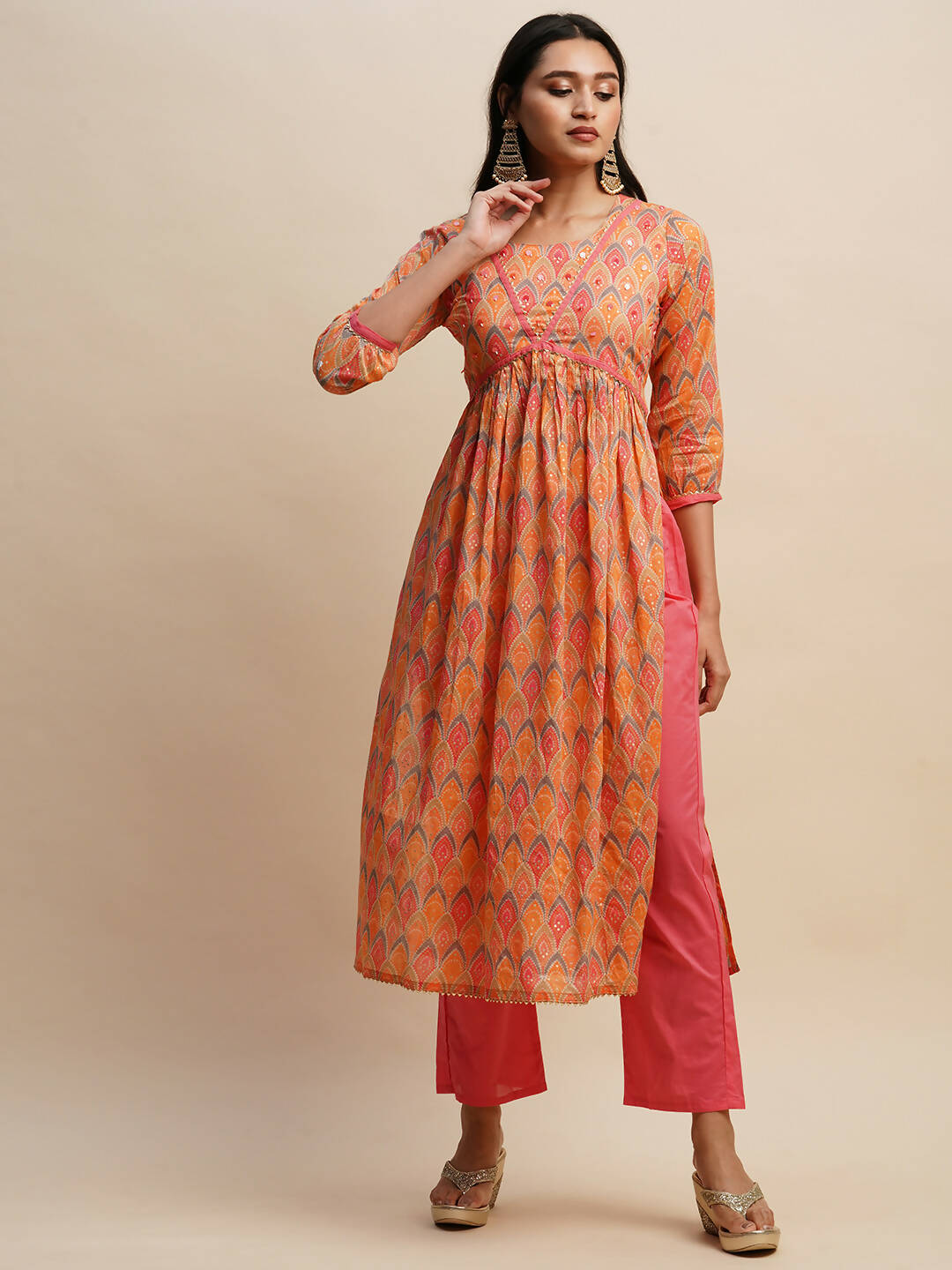Orange Pure Cotton Bandhani Printed Naira Cut Kurta And Bottom With Dupatta - Akashara