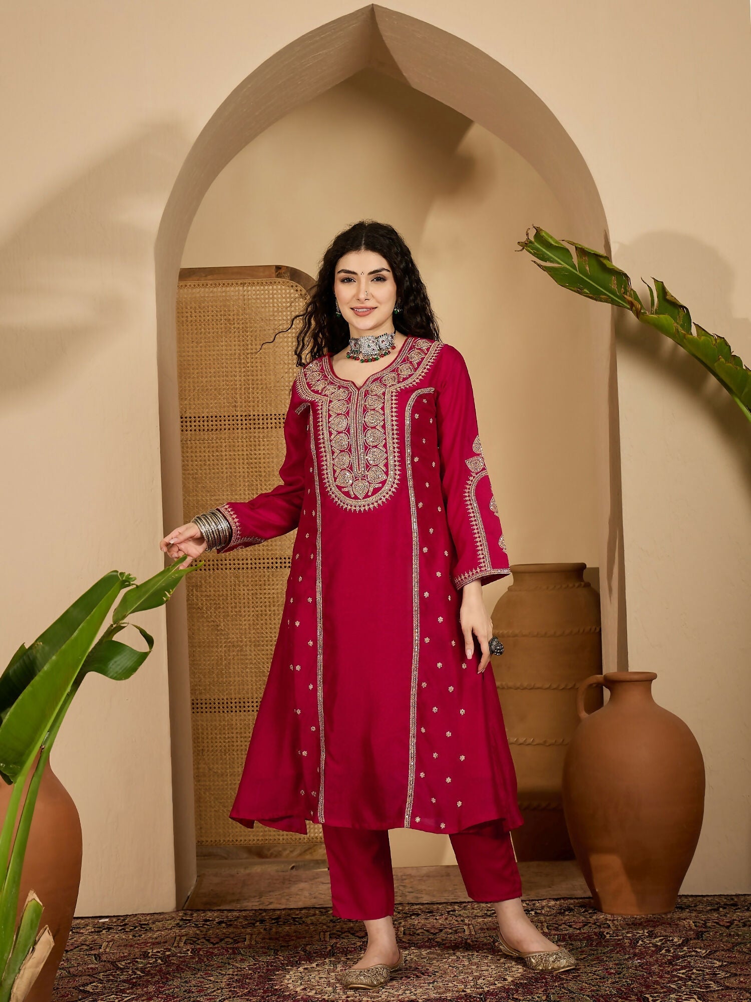 Joban Fashion Embroidery Red Vichitra Silk Kurta Set