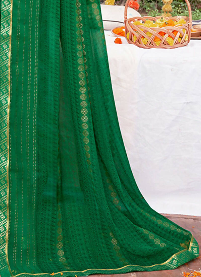 Green Georgette Foil Printed Saree with Unstitched Blouse Piece - Avika