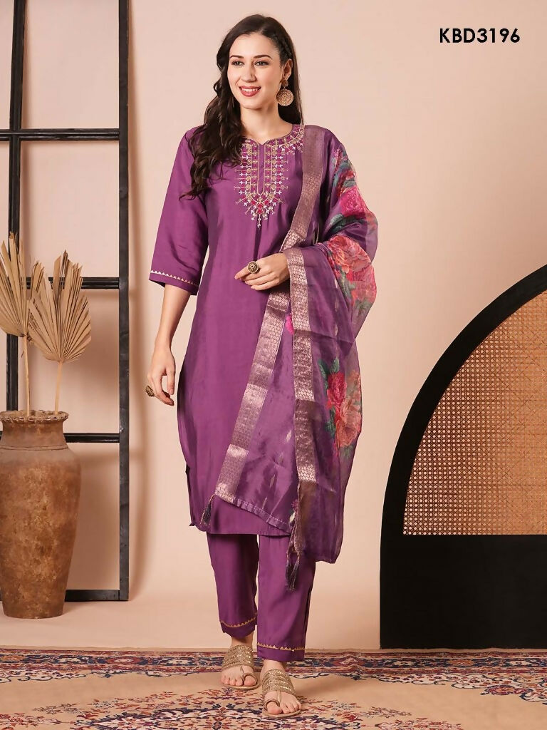 Purple Viscose Chanderi Embroidery Work Kurta Set - Riya