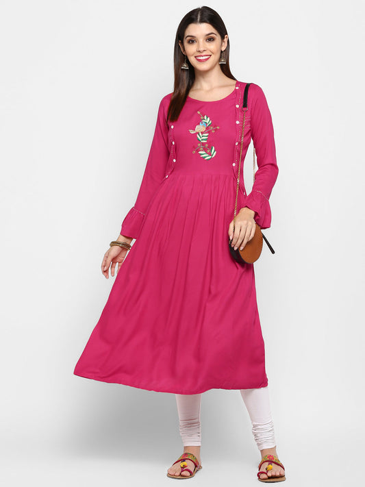 NOZ2TOZ Women's Pink Rayon Anarkali Kurta (1 Pc Set)