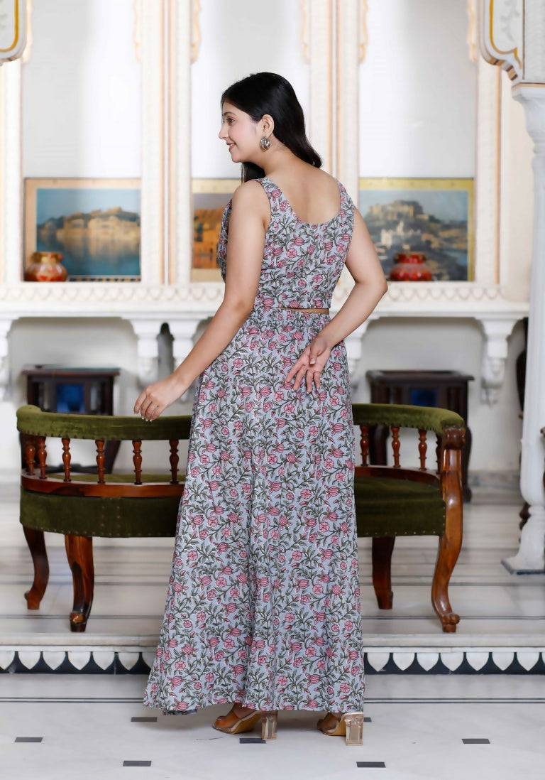 Miravan Women's Grey Floral Printed Crop Top And Skirt Co-Ord Set 