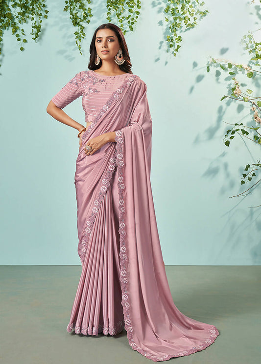 Pink Silk crepe Solid Saree With Unstitched Blouse Piece - Norita Ikshita