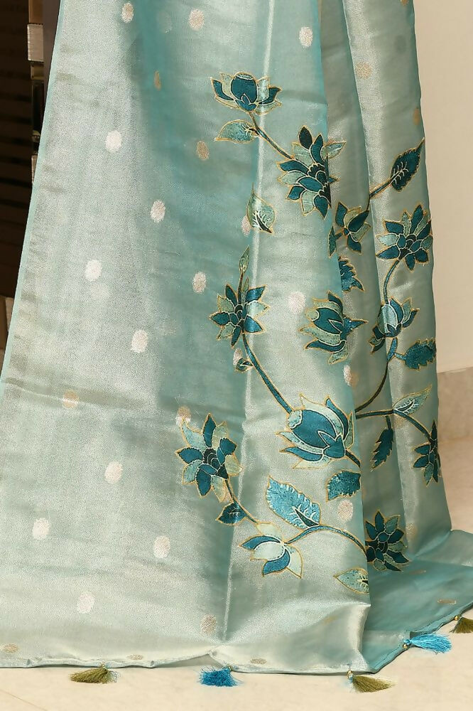 Joban Fashion Firozi Saree Tissue Zari Buti Anchal Applick With Contrast Blouse