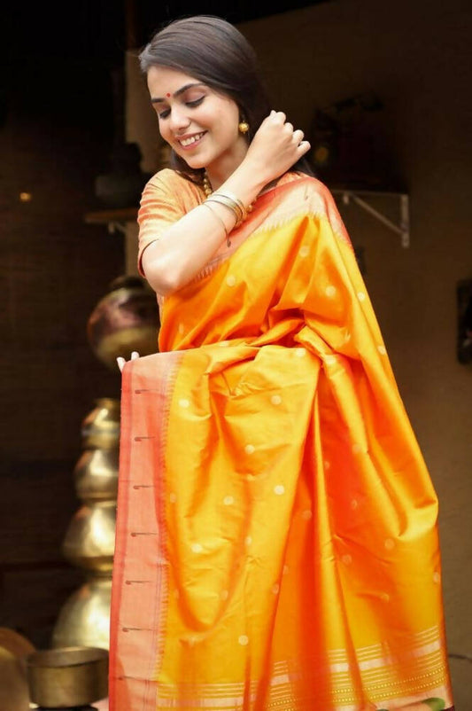 Very Much Indian Authentic Handloom, Beautiful Orange Yellow, Pure Silk Muniya Border Paithani With Radha Krishna Pallu(High Quality Silk) - Grab2buy
