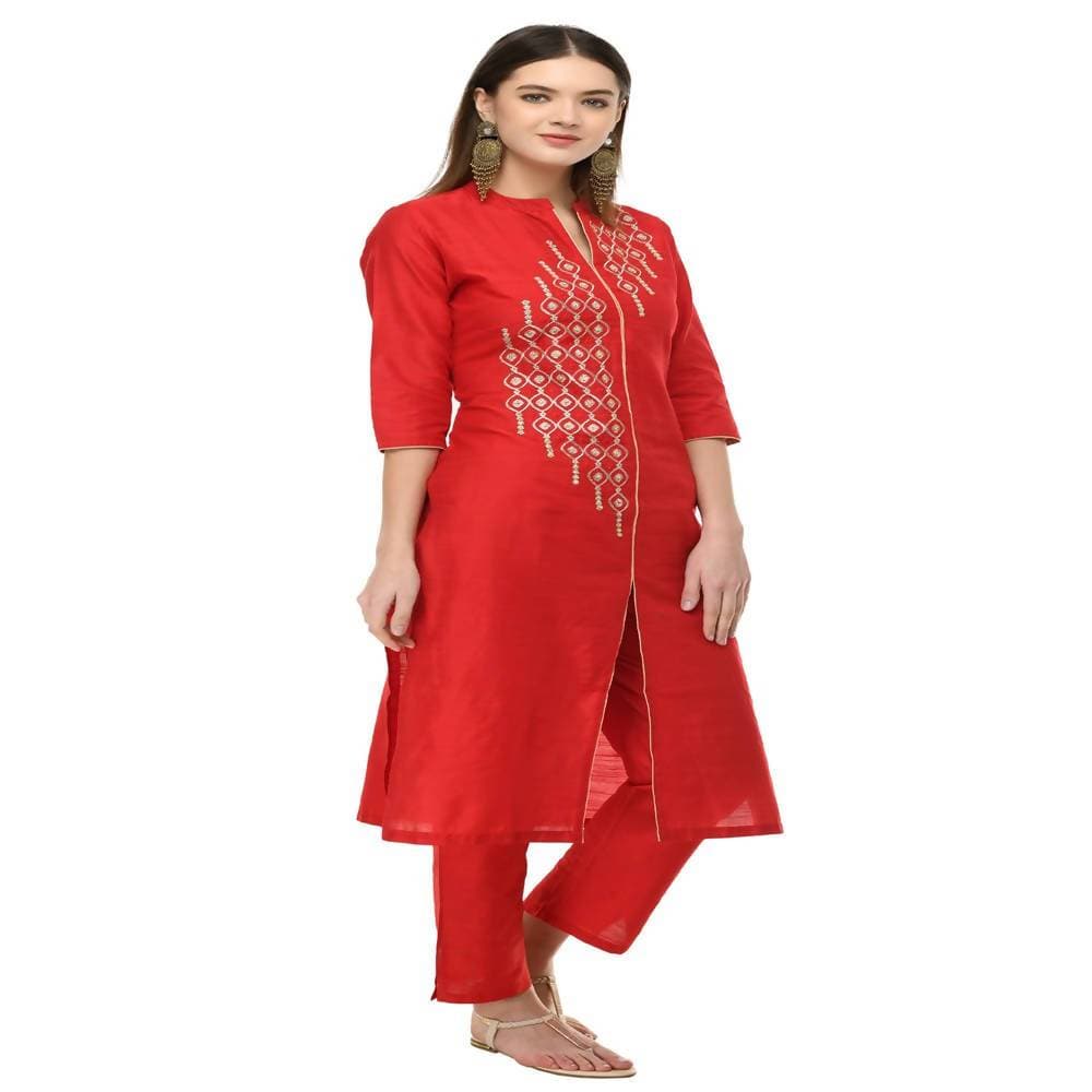 Lagi Women's Red Poly silk Straight Embroidred Kurta Pant (RO115B) 