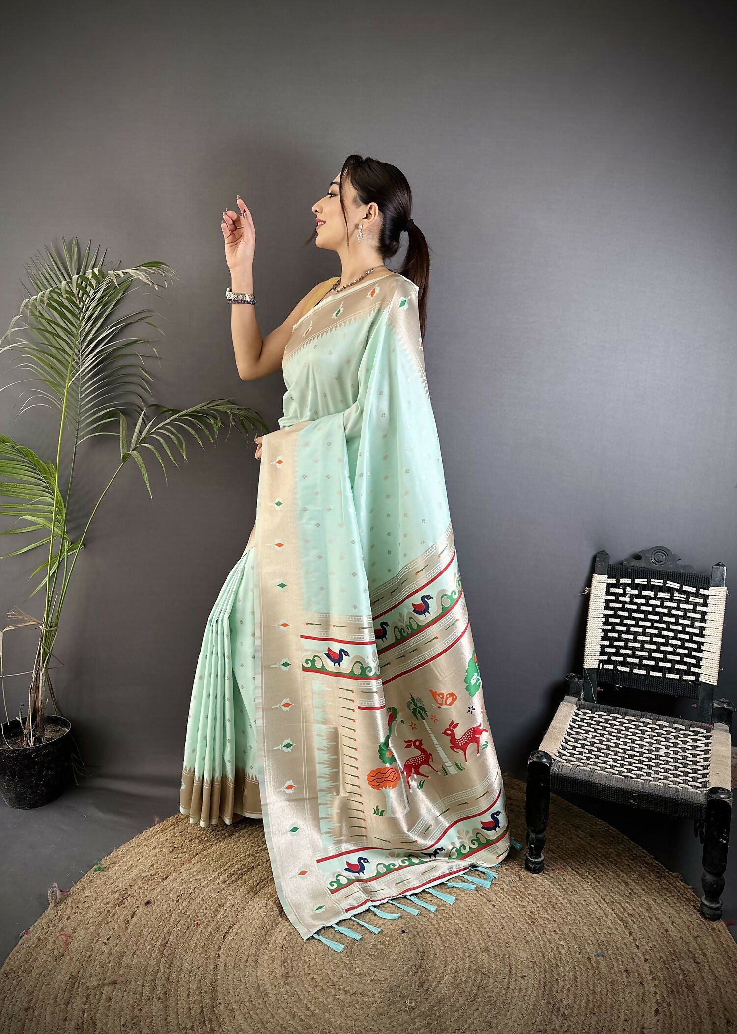 Joban Fashion Sea Green Peacock & Floral Motifs Soft Lichi Silk Kanchipuram Saree