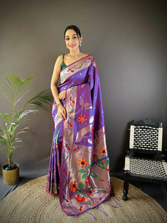 Joban Fashion Purple Zari Woven Floral Motifs Soft Silk Paithani Silk Saree