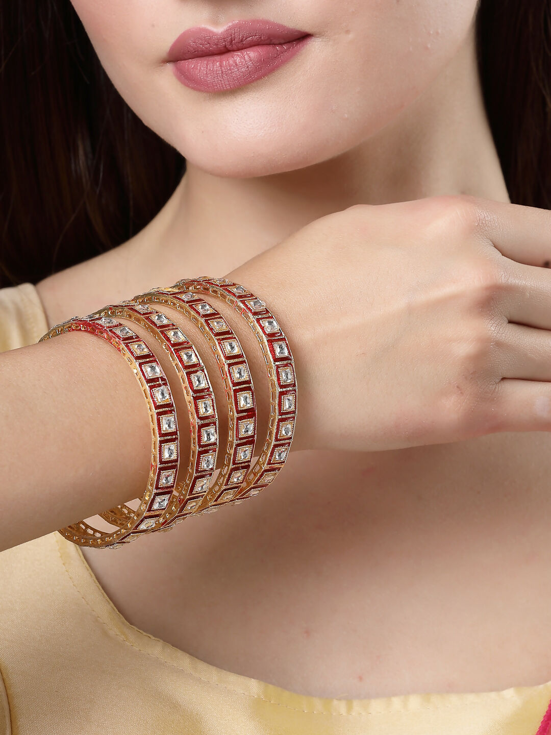 NVR Women's Set Of 4 Gold-Polished Red Kundan-Studded Traditional Bangles | Grab2Buy