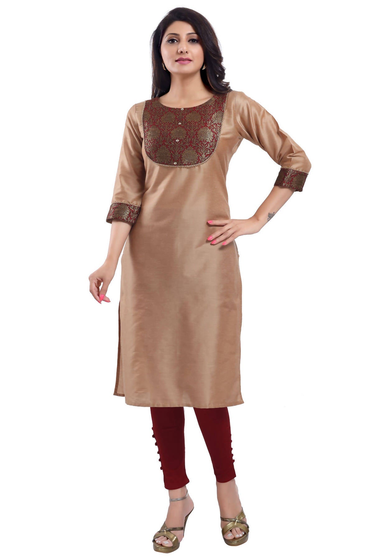Snehal Creations Beige Cotton Silk Kurti Top