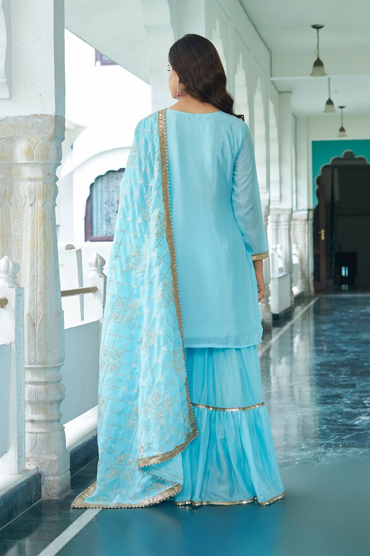 Joban Fashion Sky Blue Chinon Silk Embroidery Sequence Work Readymade Kurta Set