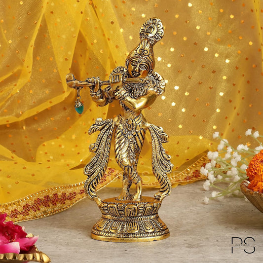 Purestory Lord Krishna Metal Statues Playing Flute - Grab2buy