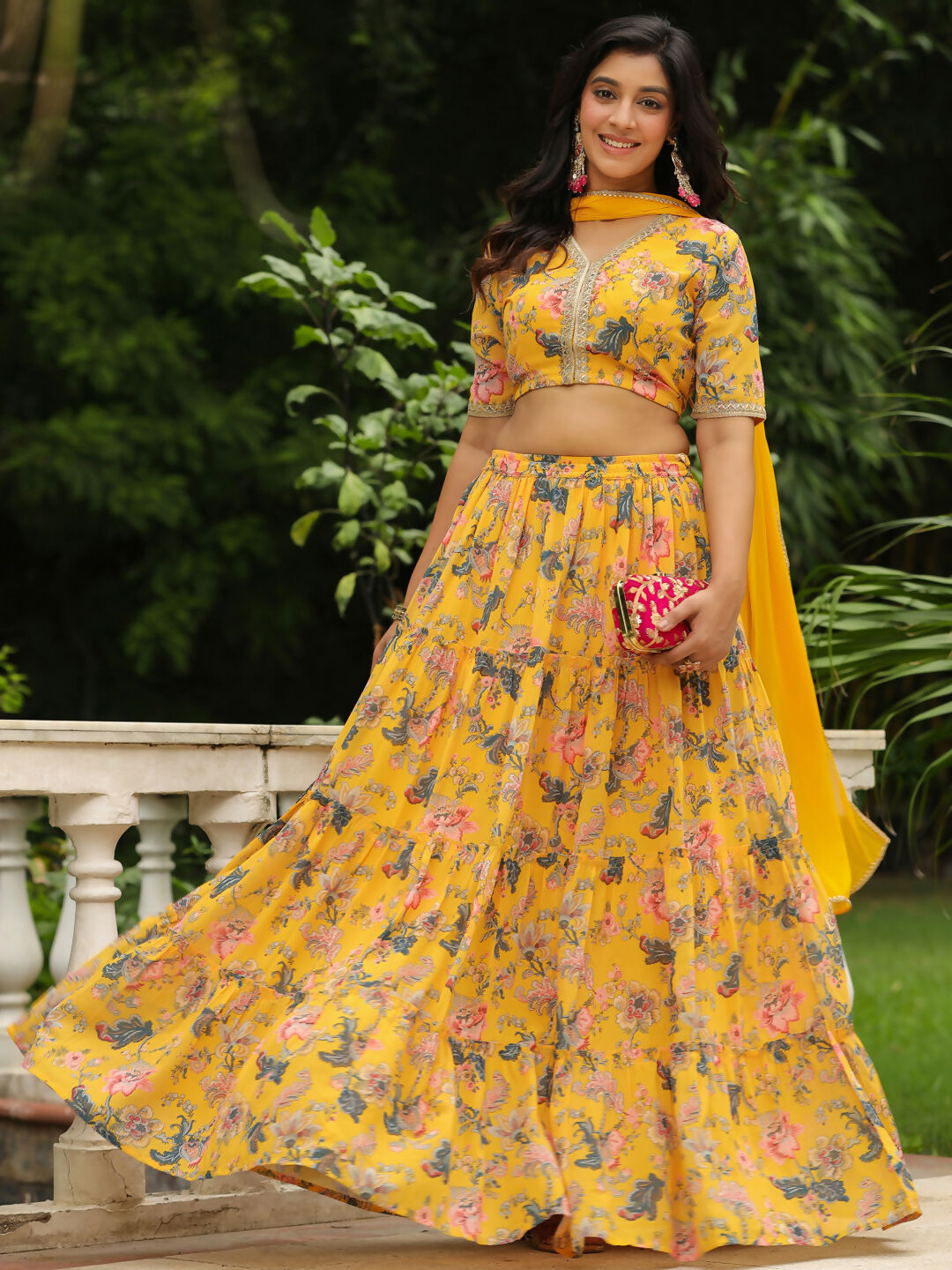 Janasya Yellow Georgette Floral Lehenga Choli Dupatta 