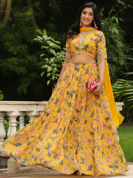 Janasya Yellow Georgette Floral Lehenga Choli Dupatta 