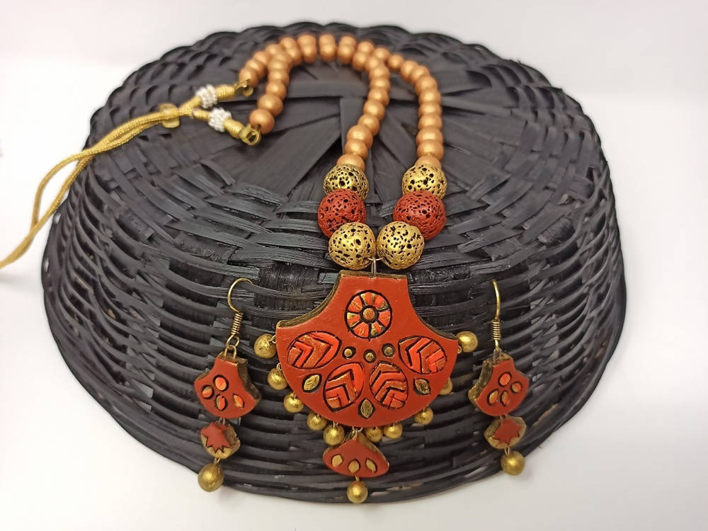 Terracotta Modern Long Necklace Set With Hangings-Indian Red And Gold