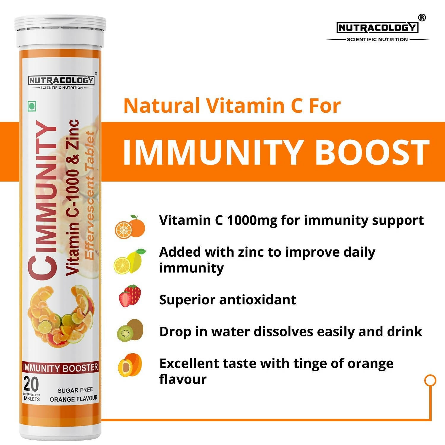 Nutracology Cimmunity Vitamin C 1000mg Effervescent Tablet For Glowing Skin, Immunity Booster 