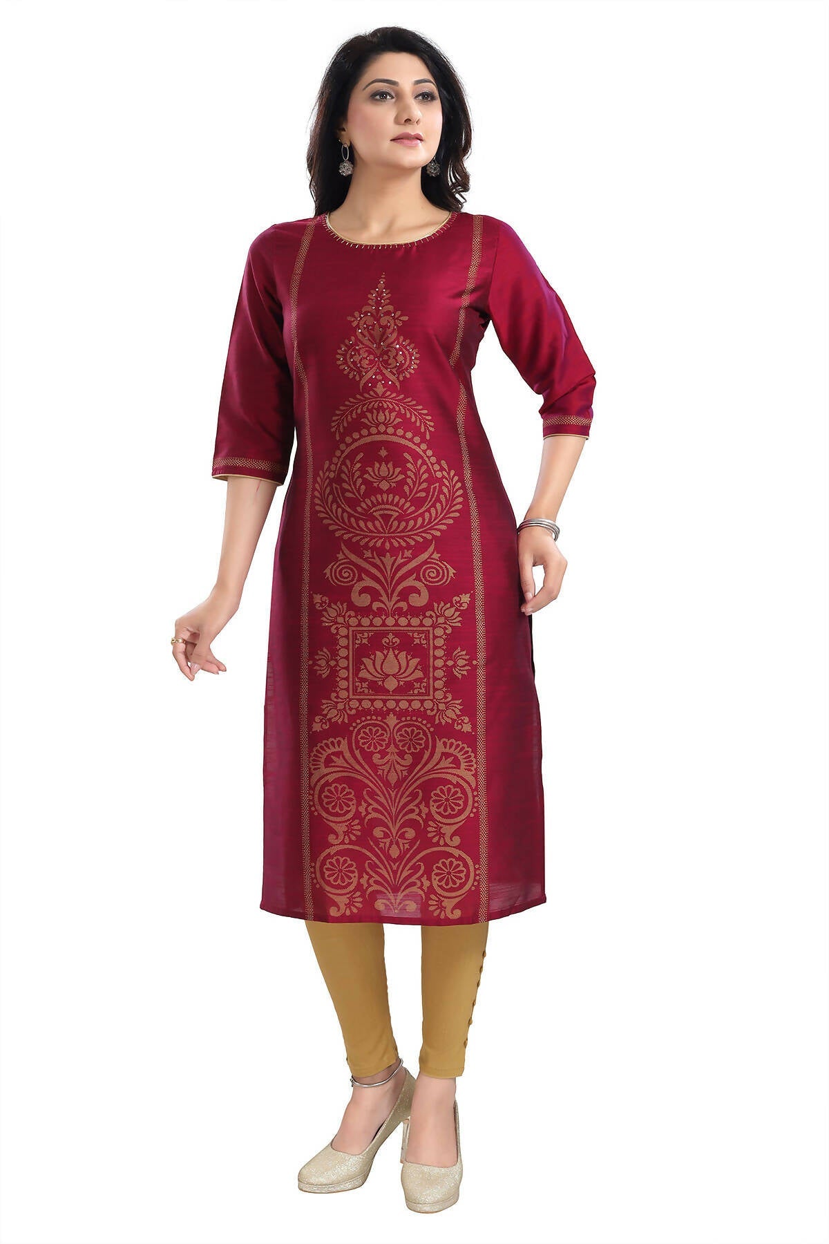 Snehal Creations Majenta Raw Silk Block Print Long Kurta For Women