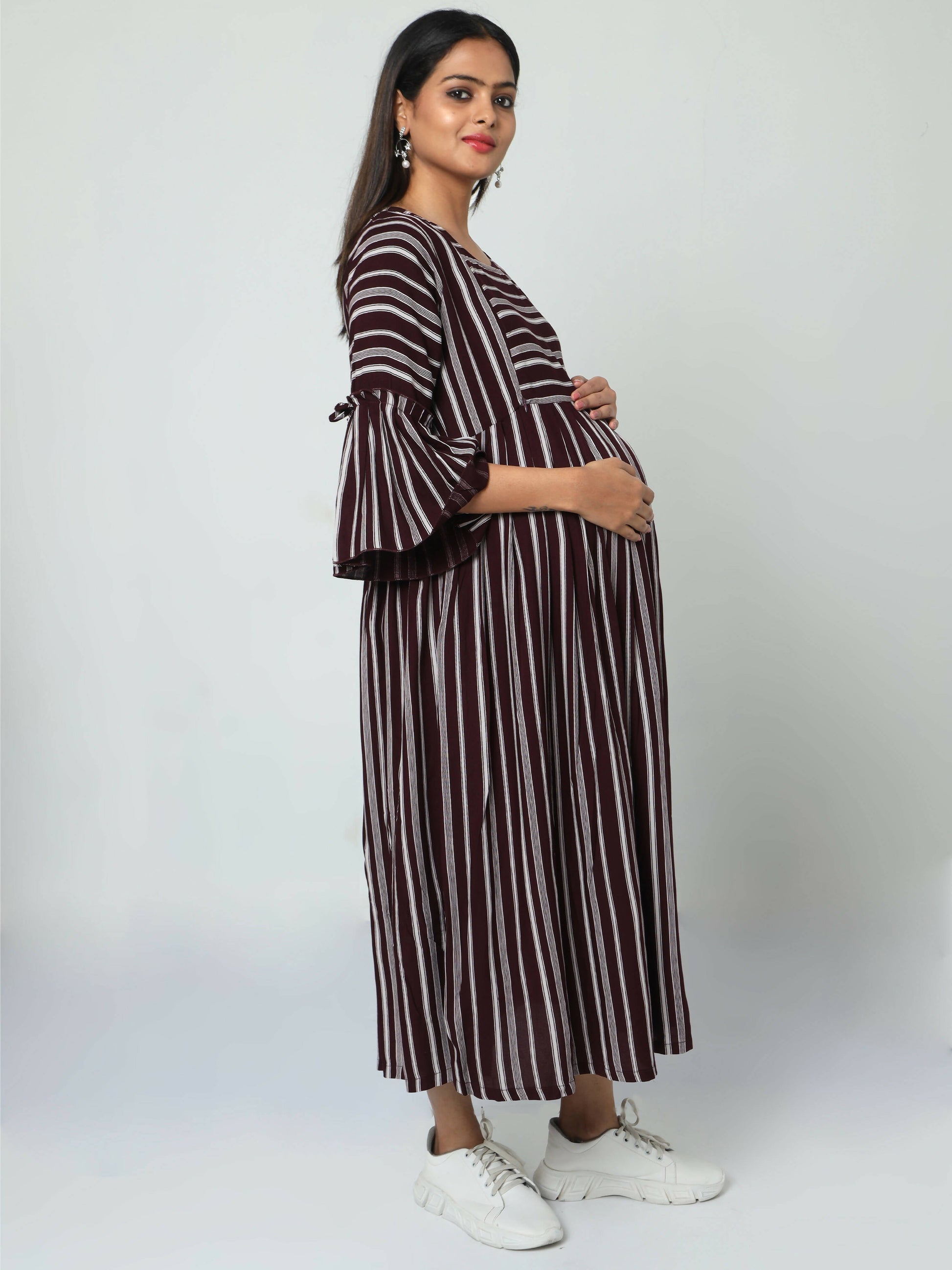 Manet Three Fourth Maternity Dress Striped With Concealed Zipper Nursing Access - Brown