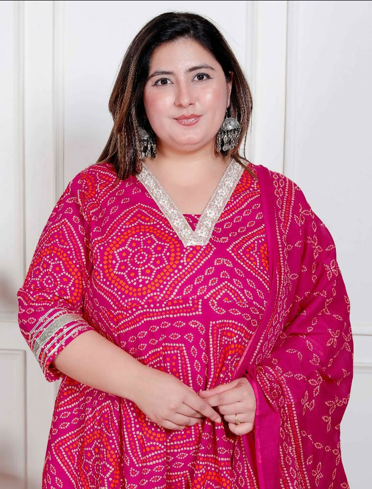 Miravan Plus Size Women'S Bandhani Ethnic Anarkali Kurta And Dupatta