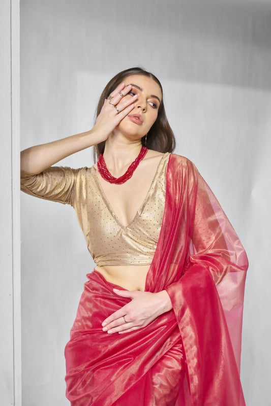 Red Gold Tissue Net Solid & Gold Cotted Saree - Samaa