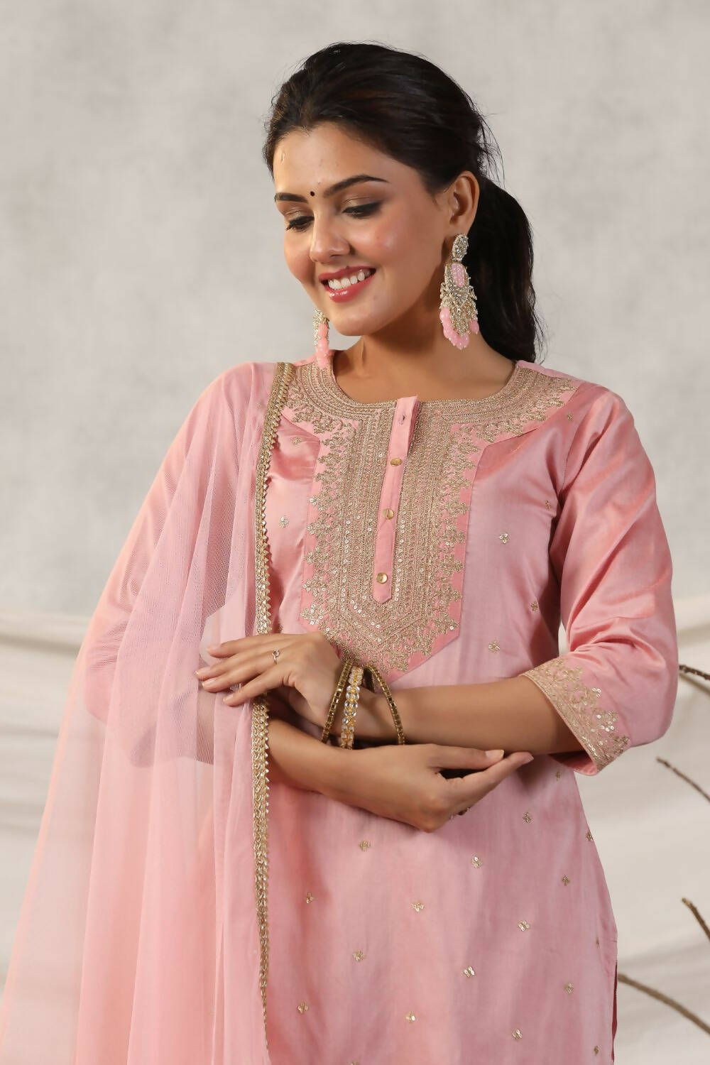 Juniper Women Peach Embroidered Kurta, Pants and Dupatta Set