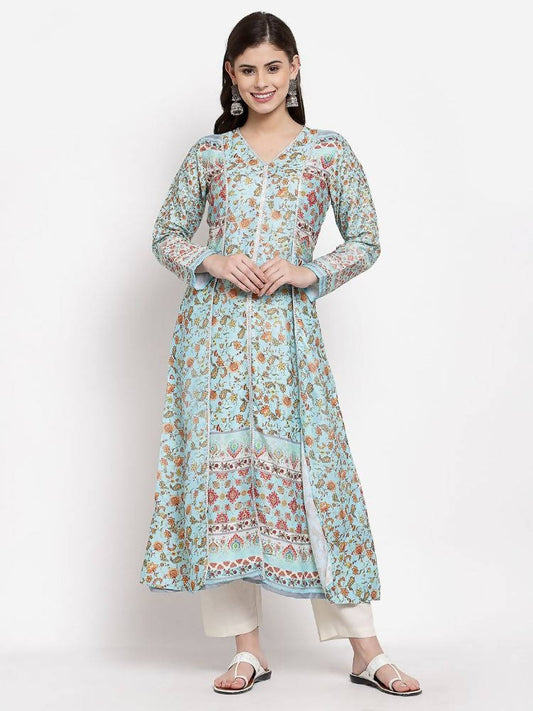 Myshka Women's Multi Cotton Printed Full Sleeve V Neck Casual Kurta