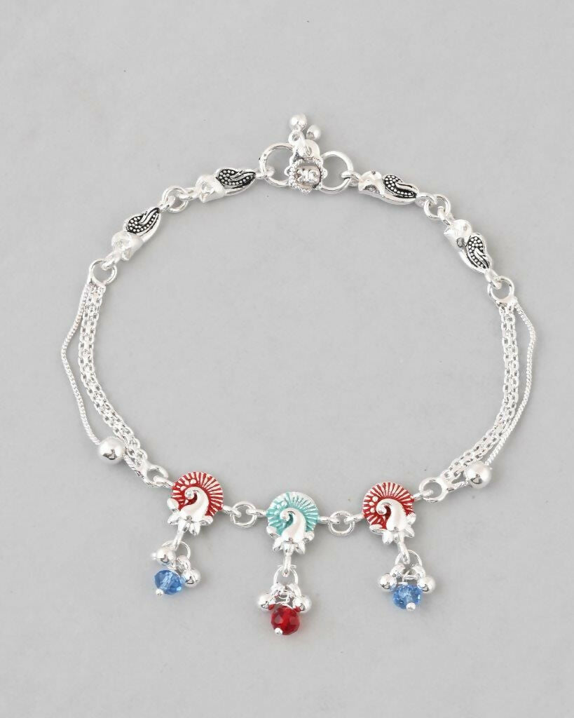 VOJ Set of 2 Silver Plated Peacock Shaped Multi Color Anklet 