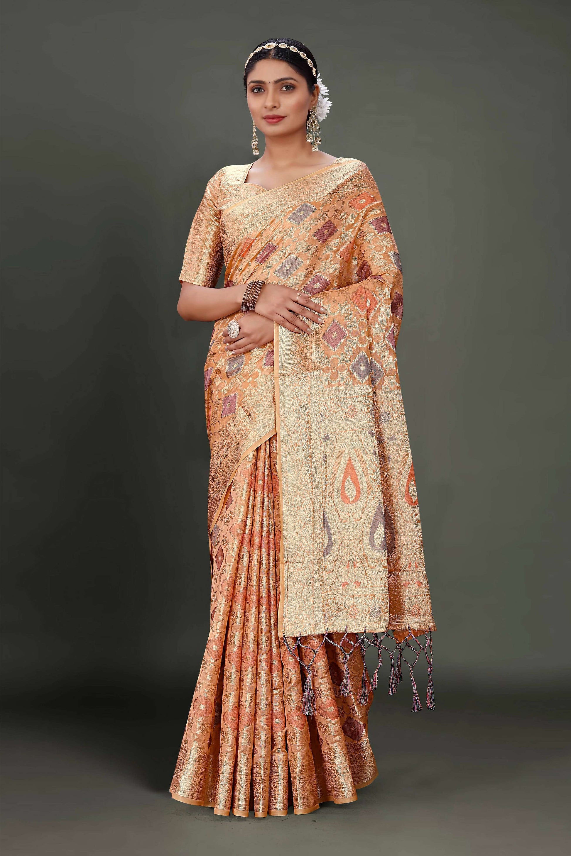Peach Soft Organza Woven Design Saree With Unstitched Blouse Piece - Zaara
