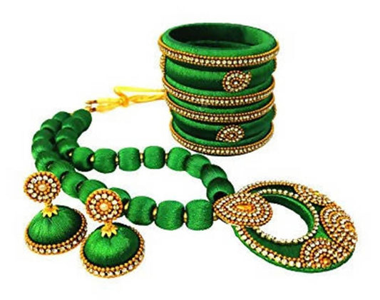 Green Color Silk Threaded Necklace Set, Earrings and Bangles Set of 2 