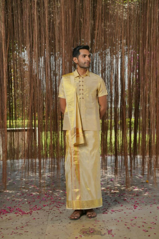 Gold Tissu Kanjivaram Machien Embroidered Pattu Set by Hilo Design