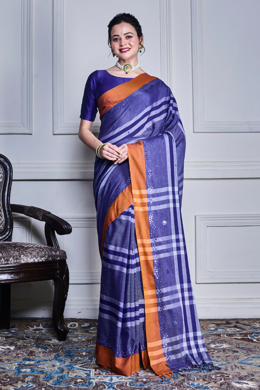 Morchari Sky Blue Cotton Handloom Mirror Work Saree Unstitched Blouse